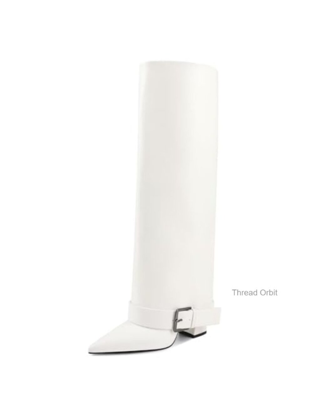 Chunky High Heel Knee High Boots with Belt Buckle, Fold Over, Wide Calf,